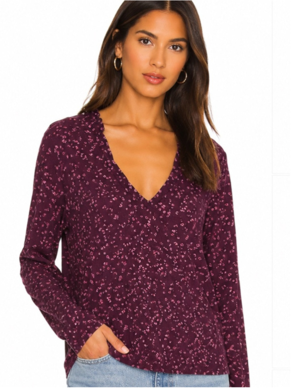 Anthropologie Plum Floral V-Neck Long-Sleeve Top blouse